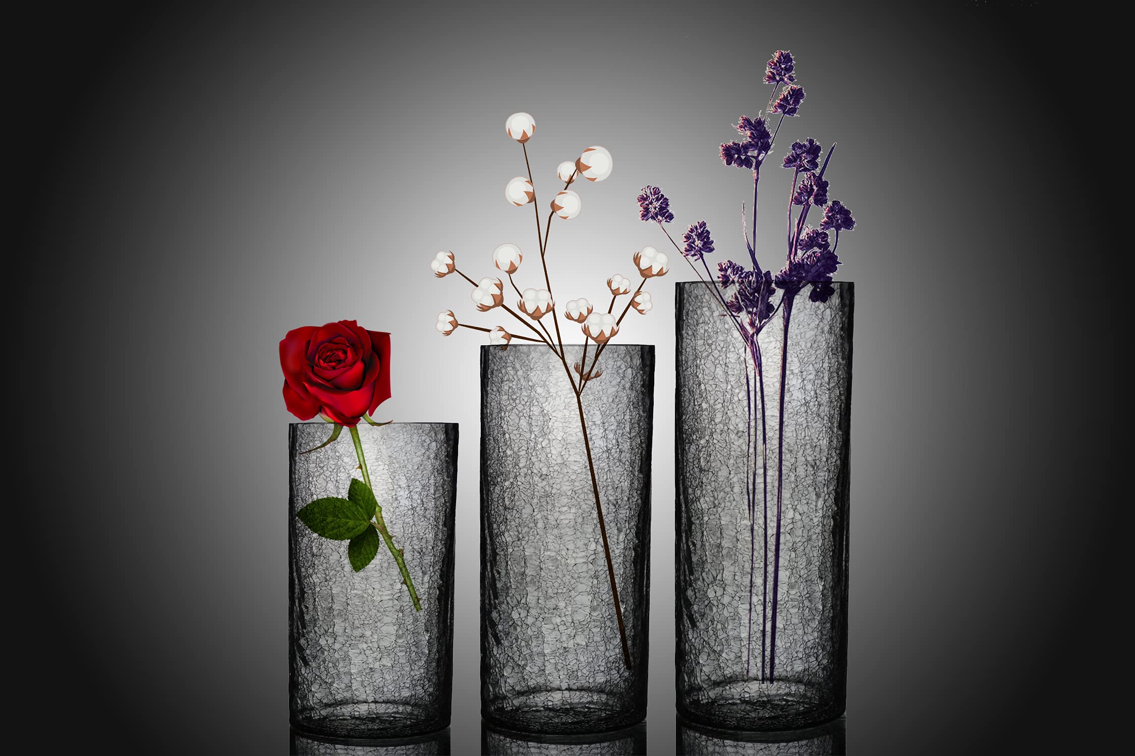 Buy Decent Glass Clear Crackle Round Glass Tall Vase 25,20 &15cm